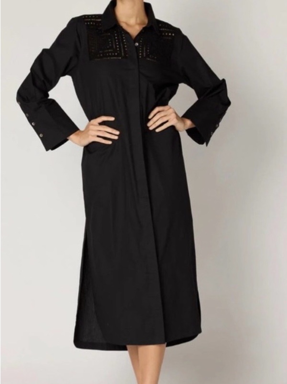 Cleobella Midi black belted dress w crochet yolk. Button down Size XL  EUC